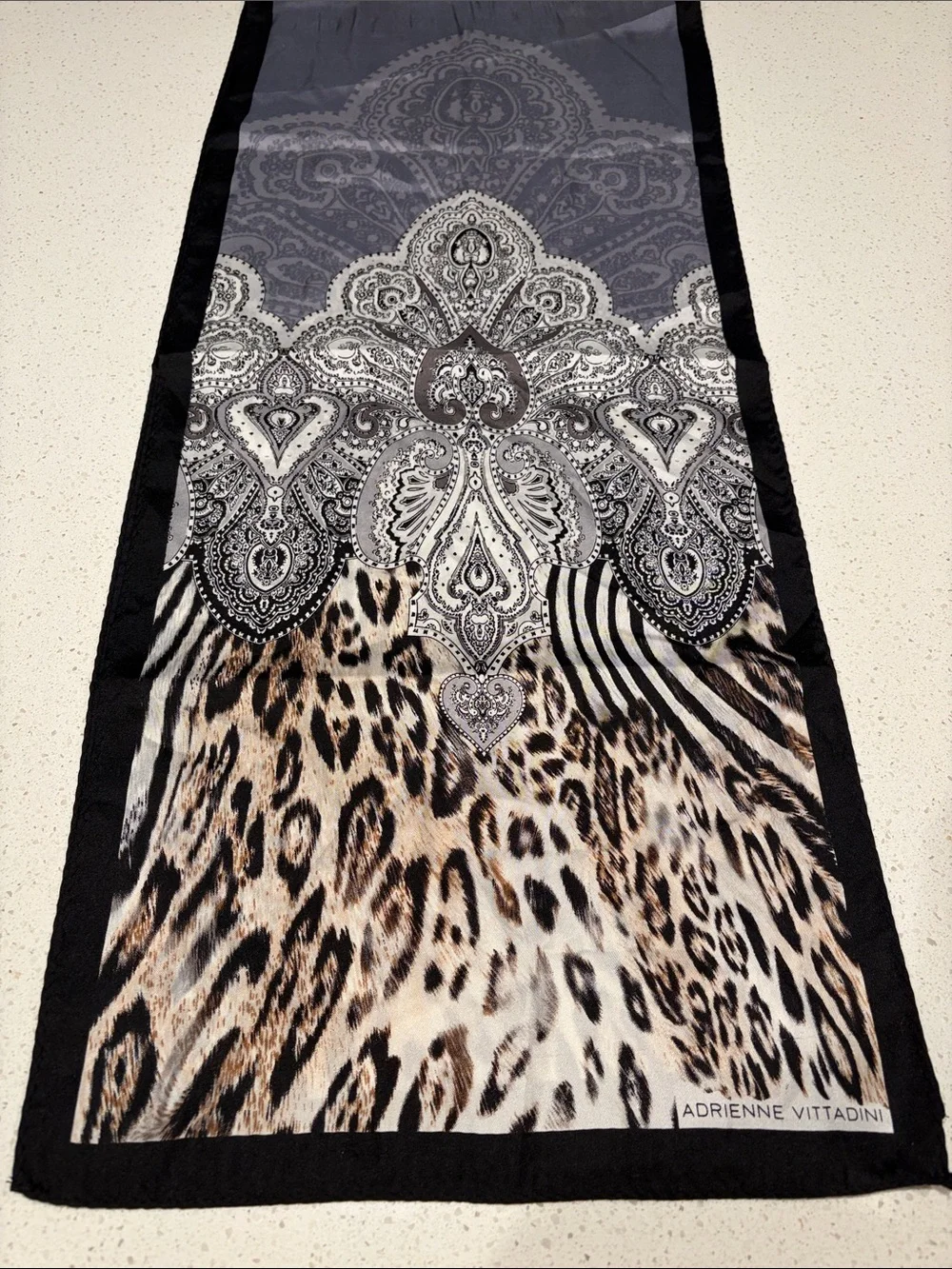 Adrienne Vittadini - luxurious Silk Scarf in Black, Silver, Gray and Brown.